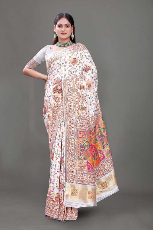 Ivory Royalty – White Silk Saree with Vibrant Elephant Motifs