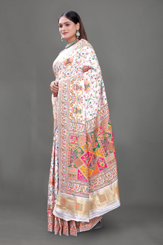 Ivory Royalty – White Silk Saree with Vibrant Elephant Motifs