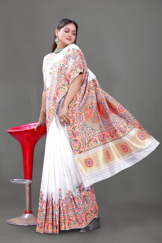 Shwet Saaj – White Silk Saree Adorned with Colourful Elephant Embroidery