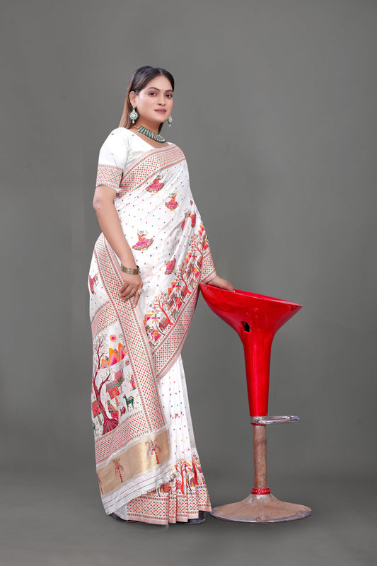 Pehnava Royal – Elephant Embroidered White Silk Saree for Festive Glam