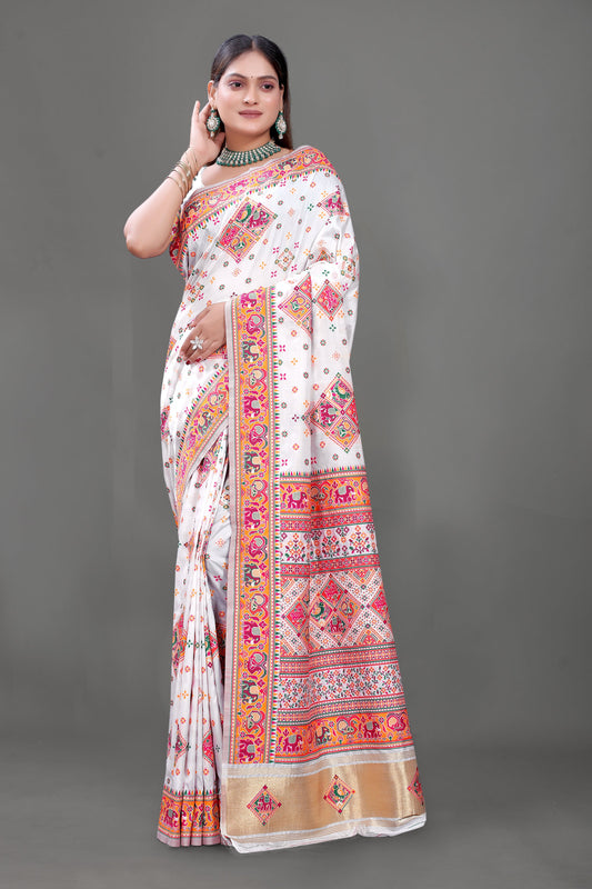 Regal Threads – White Printed Silk Saree with Majestic Border Work