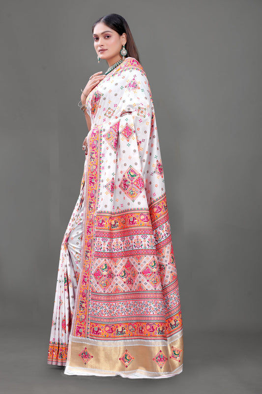 Regal Threads – White Printed Silk Saree with Majestic Border Work