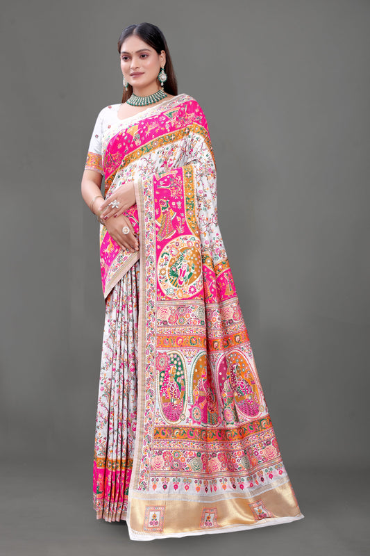 Rangilo Rajwadi – White Silk Saree with Rajasthani Elephant Artwork