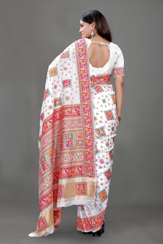 Silken Grace – White Saree with Royal Pink-Gold Elephant Border