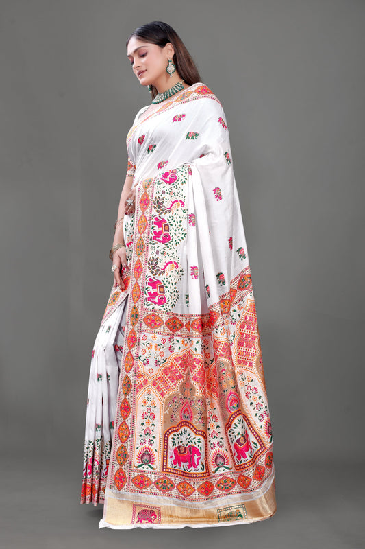 Heritage Bloom – Ivory Silk Saree with Vibrant Temple-Inspired Prints