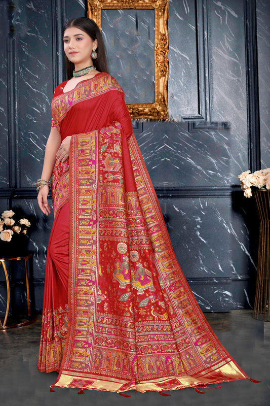 Raagmala – Silk Saree in Maroon with Folk & Floral Art