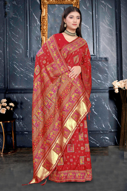 Nazaakat – Rich Maroon Silk Saree with Artistic Heritage Panels