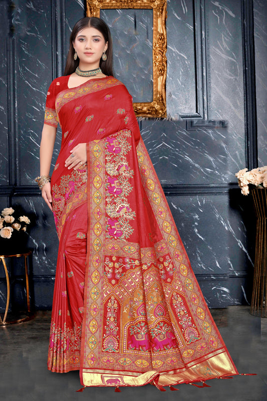 Vividh Kala – Maroon Saree with Multitone Printed Borders