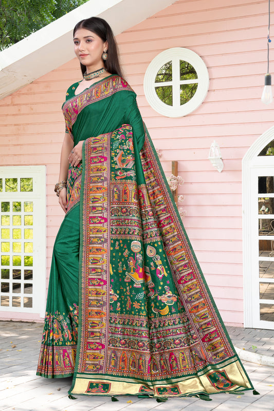 Dark Green Glory – Silk Saree with Mosaic-Style Pallu and Intricate Buttas