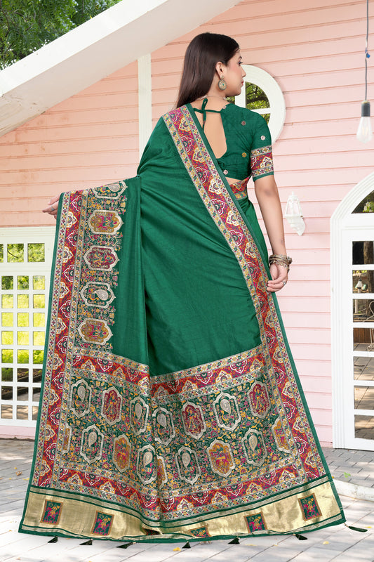 Ethnic Royalty – Dark Green Silk Saree with Rich Meenakari Look Prints