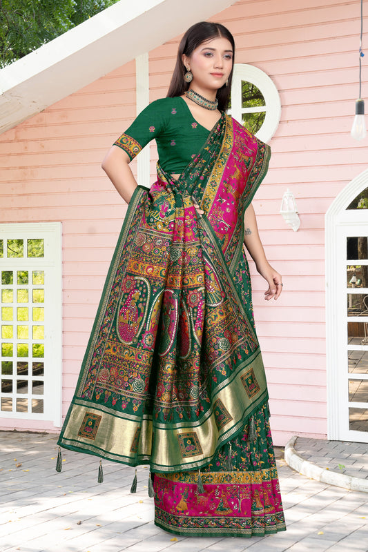 Silken Tradition – Dark Green Saree with Folk Art & Temple Border Design