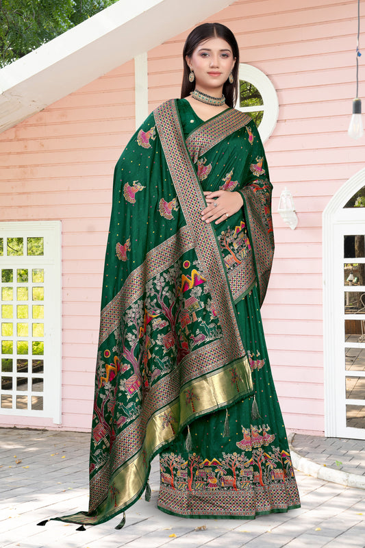 Rajwadi Roop – Dark Green Silk Saree with Bold Colorful Motif Work