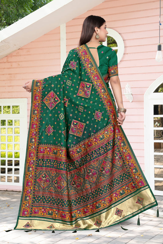 Dark Green Heritage Weave – Silk Saree with Multicolor Folklore Prints