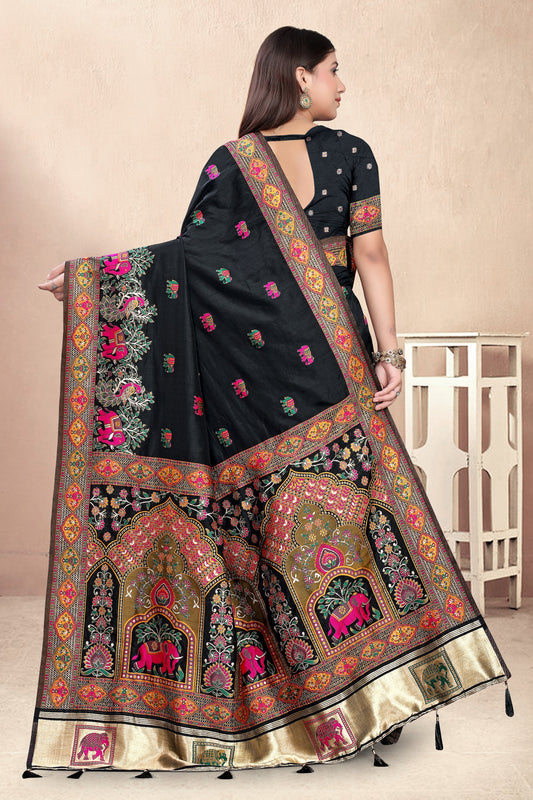 Noor-e-Kala – Black Silk Saree with Royal Patola Border & Zari Work