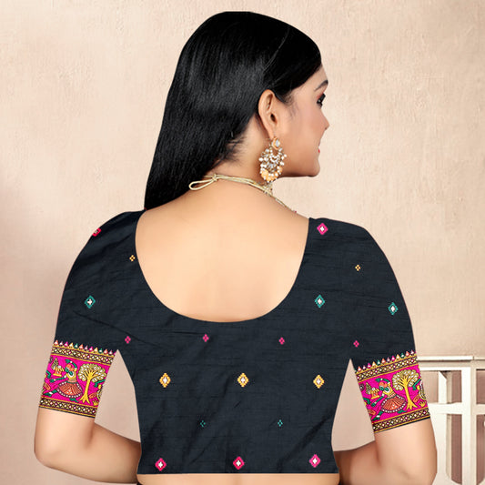 Patola Charm – Black Silk Saree with Colourful Folk Artwork Border