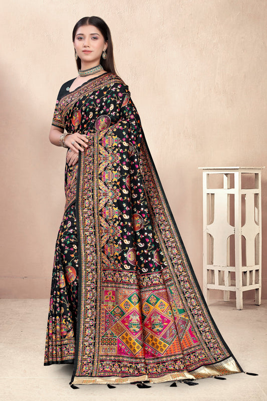 Midnight Muse – Black Silk Saree with Patola-Inspired Pallu