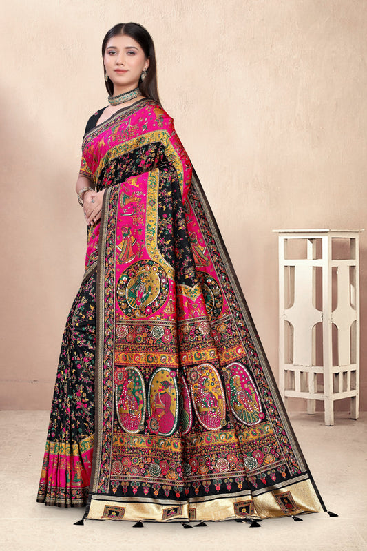 Rajwada Black – Banarasi Silk Saree with Multicolor Patola Panel