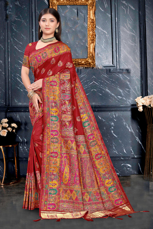Sanskriti Silk – Maroon Drape with Vibrant Ethnic Prints