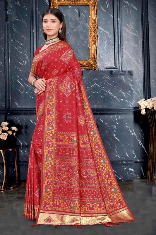 Gulbanaras – Maroon Silk Saree with Royal Block Print Detailing