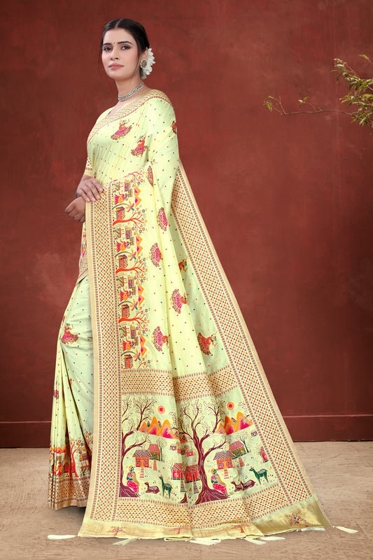 Satrangi Safar – Folk-Themed Cream Silk Saree with Story Pallu
