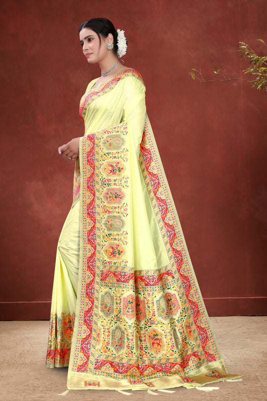 Gharana Glory – Cream Saree with Rajasthani Lok Kala Panels