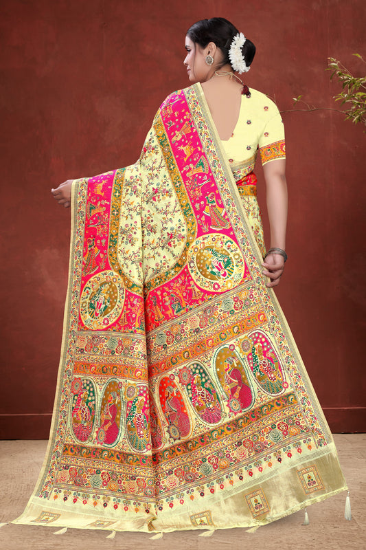 Rajwadi Saaj – Cream Silk Saree with Folk Queen Motifs