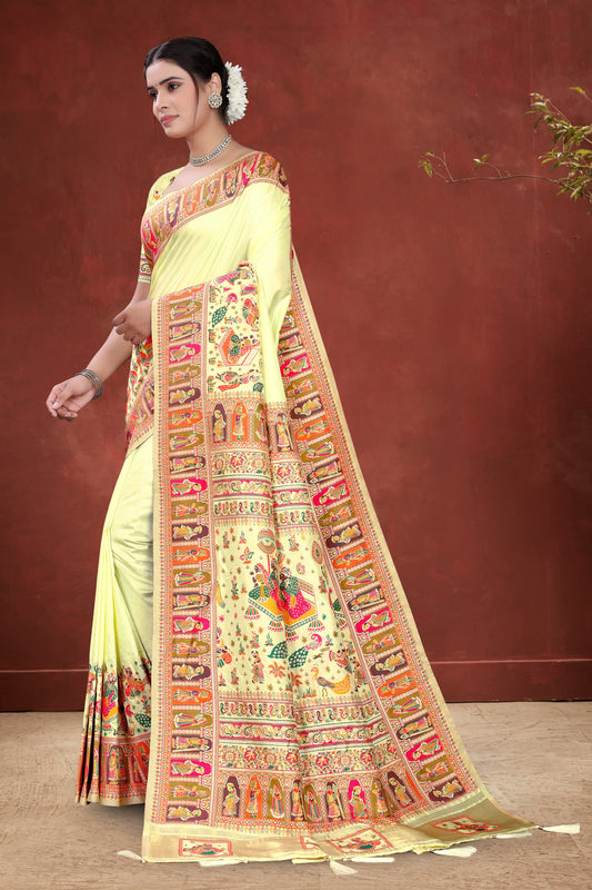 Heritage Draped – Cream Silk Saree with Royal Court Illustrations