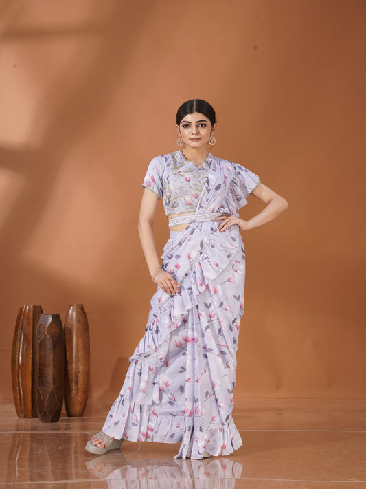 Lilac Ruffle Saree with Embroidered Blouse – Designer Floral Partywear