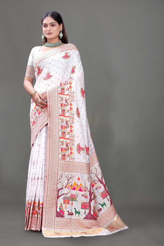 Pehnava Royal – Elephant Embroidered White Silk Saree for Festive Glam