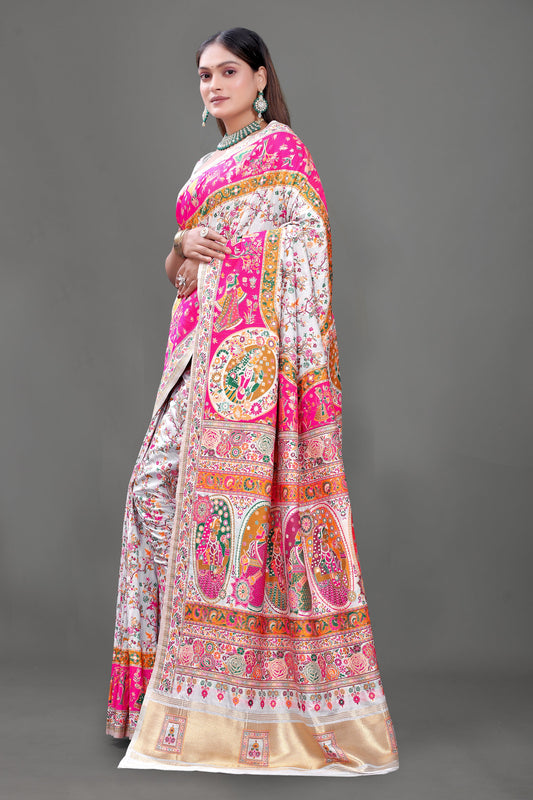 Rangilo Rajwadi – White Silk Saree with Rajasthani Elephant Artwork