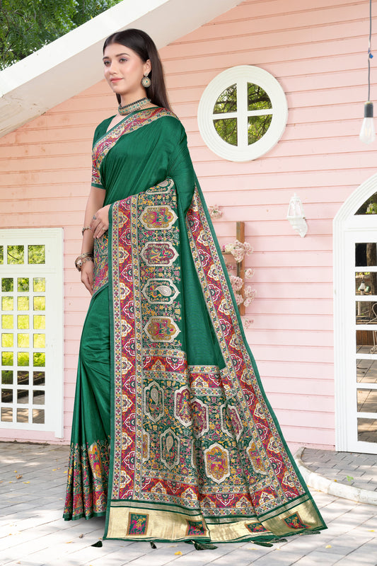 Ethnic Royalty – Dark Green Silk Saree with Rich Meenakari Look Prints