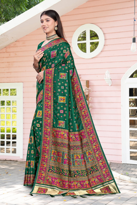 Madhuban Melody – Dark Green Silk Saree with Traditional Pichwai Pallu
