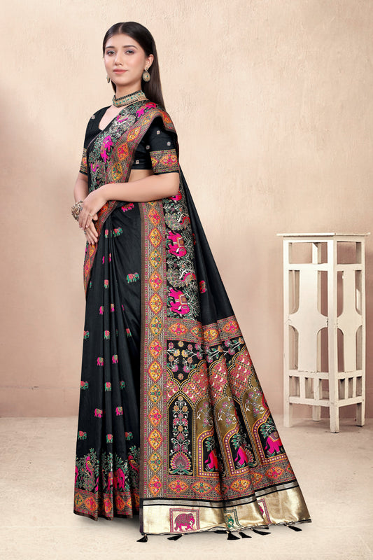 Noor-e-Kala – Black Silk Saree with Royal Patola Border & Zari Work