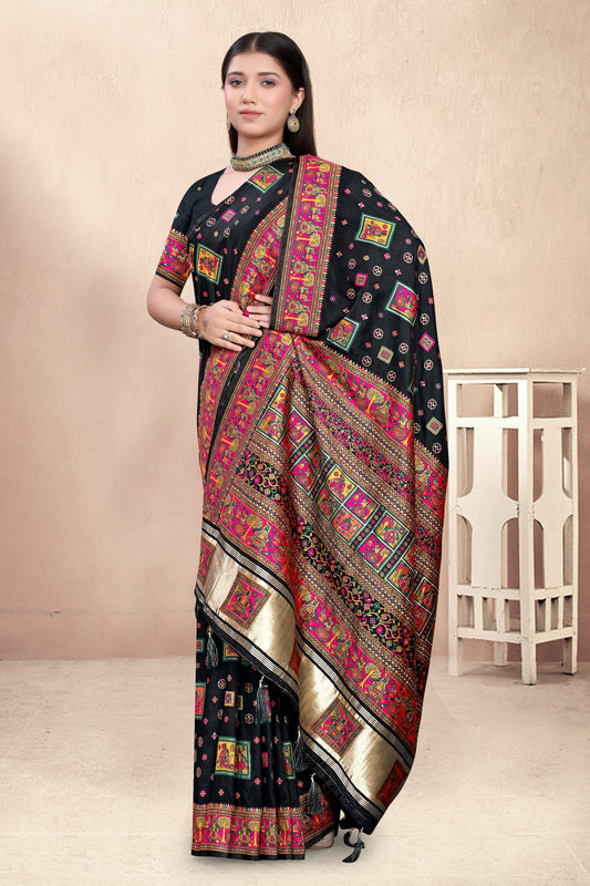Patola Charm – Black Silk Saree with Colourful Folk Artwork Border