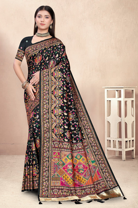Midnight Muse – Black Silk Saree with Patola-Inspired Pallu