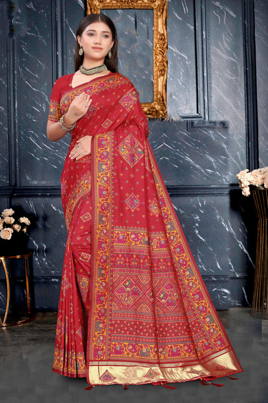Gulbanaras – Maroon Silk Saree with Royal Block Print Detailing