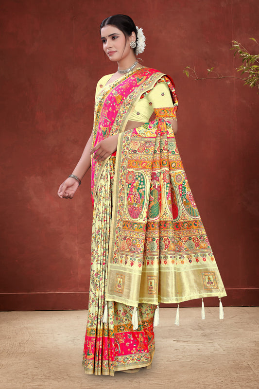 Rajwadi Saaj – Cream Silk Saree with Folk Queen Motifs